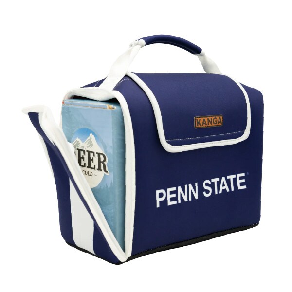 navy 12-pack Kase Mate cooler with Penn State on side, beer inside